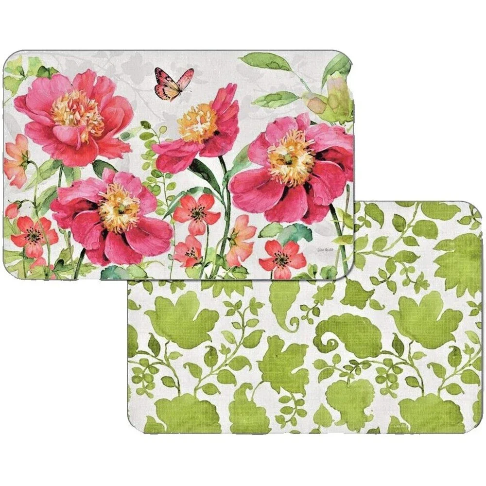 CounterArt Pink Floral Garden Placemats Set of 4 Vinyl Double Sided 17x11